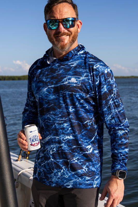 Blue Camo Marlin Hooded Performance Dryfit Long sleeve Shirt